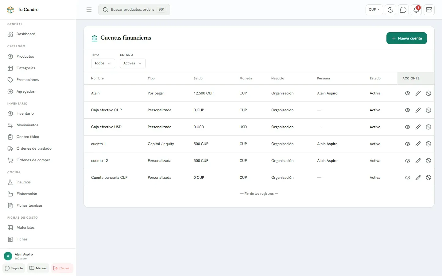 Pantalla del panel para «A qué cuenta va cada cobro»