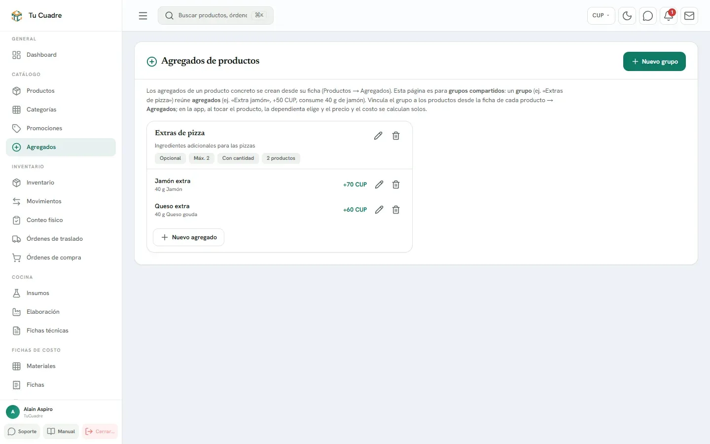 Pantalla del panel para «Agregados (extras)»