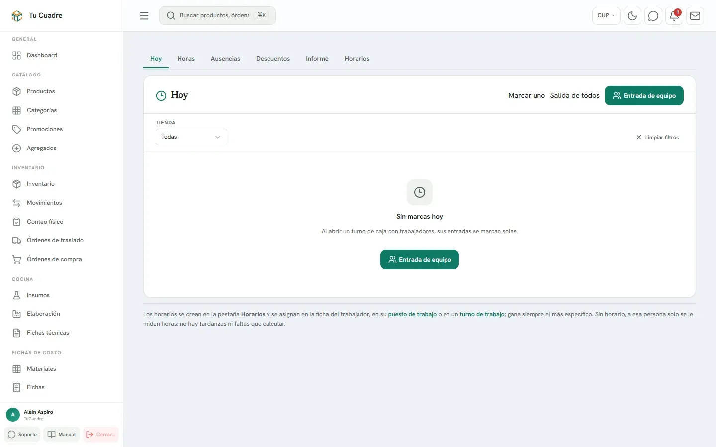 Pantalla del panel para «Control de asistencia»