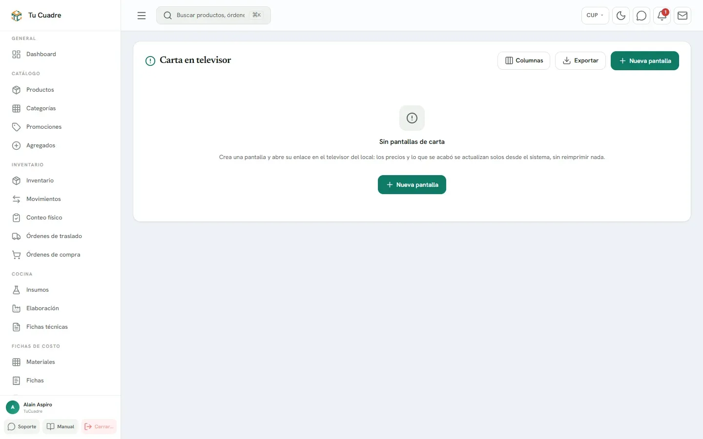 Pantalla del panel para «Carta en televisor»