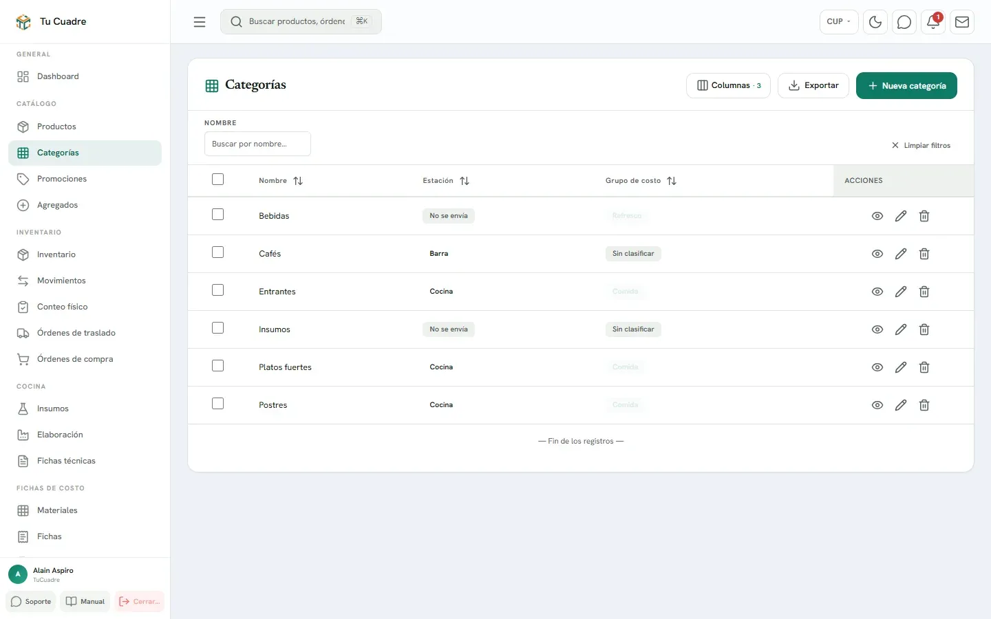 Pantalla del panel para «Categorías»