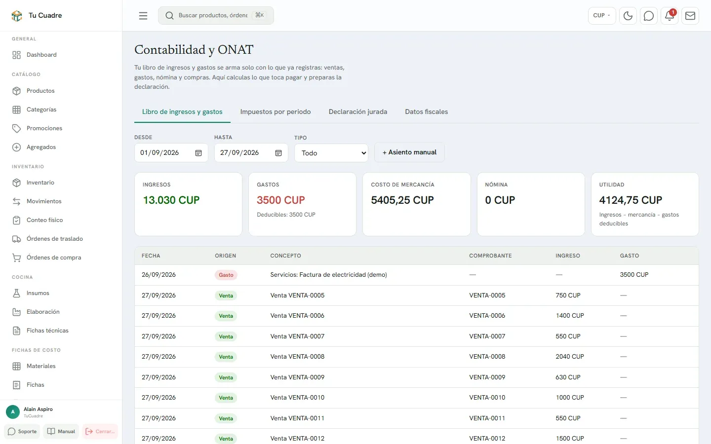 Pantalla del panel para «Contabilidad y ONAT»