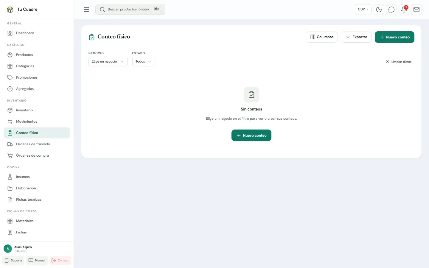 Pantalla del panel para «Conteo físico»