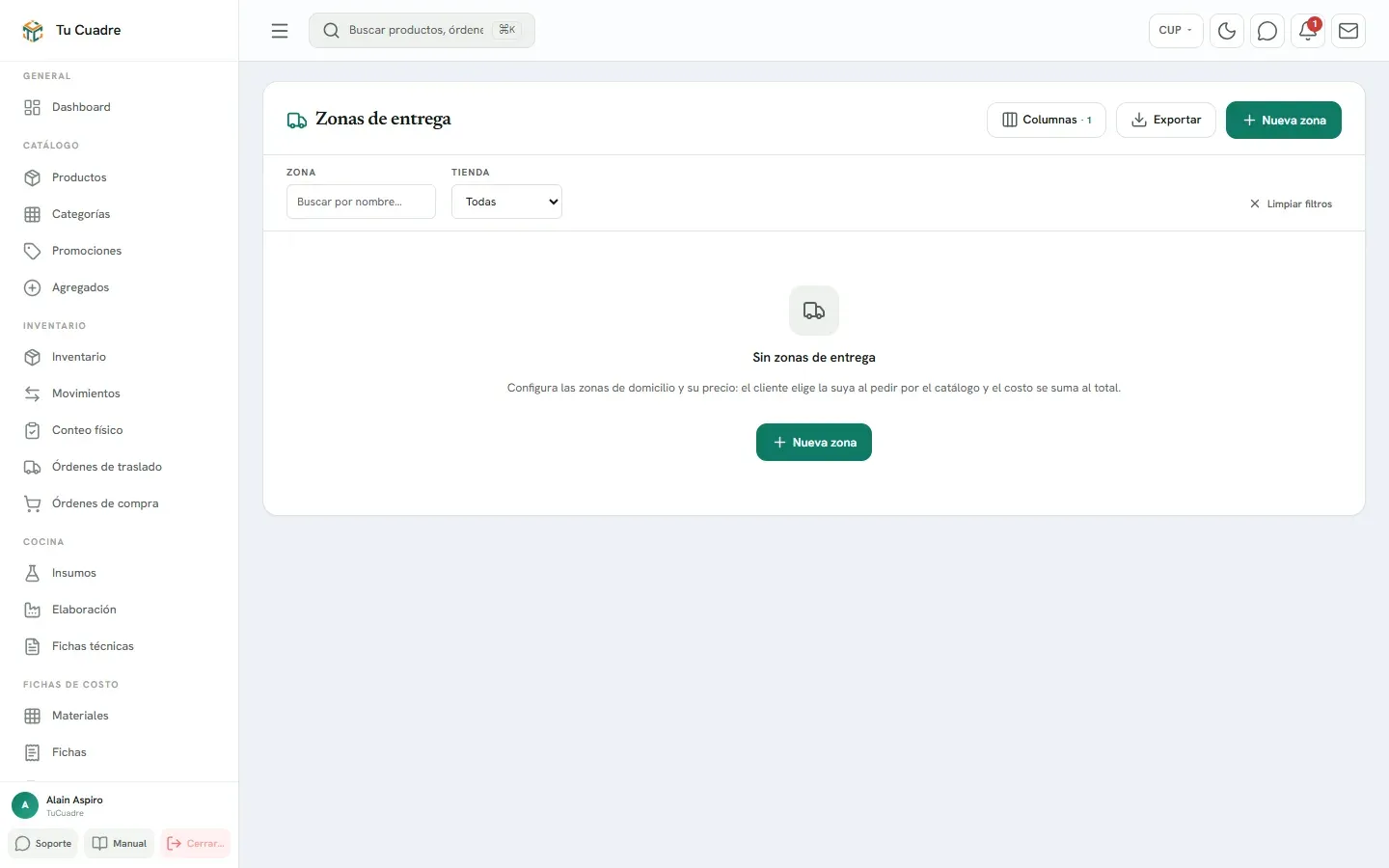 Pantalla del panel para «Zonas de entrega»