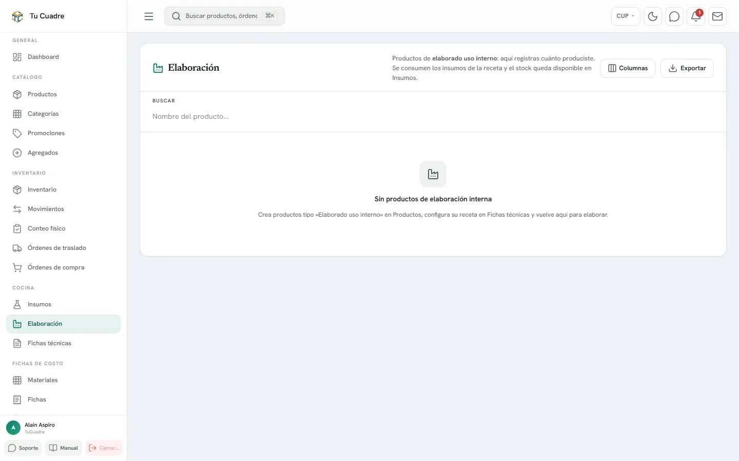 Pantalla del panel para «Elaborar desde la receta»