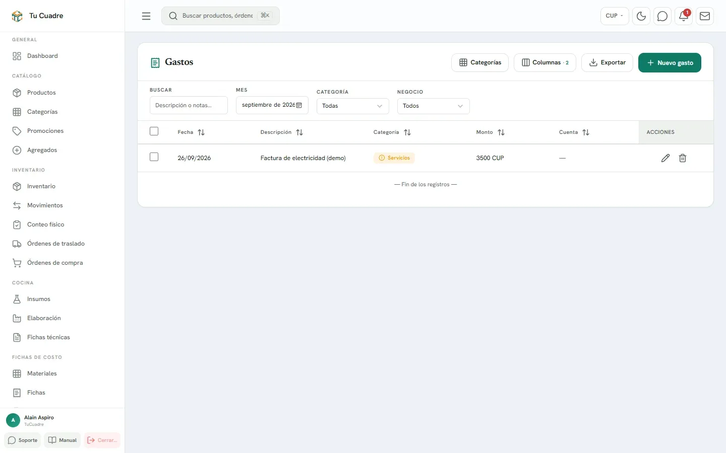 Pantalla del panel para «Registrar gastos»