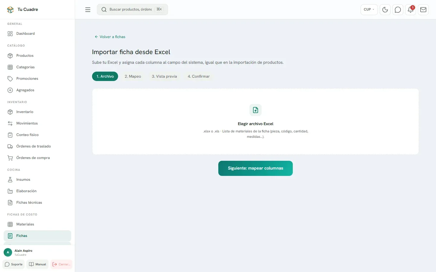 Pantalla del panel para «Importar una ficha desde Excel»
