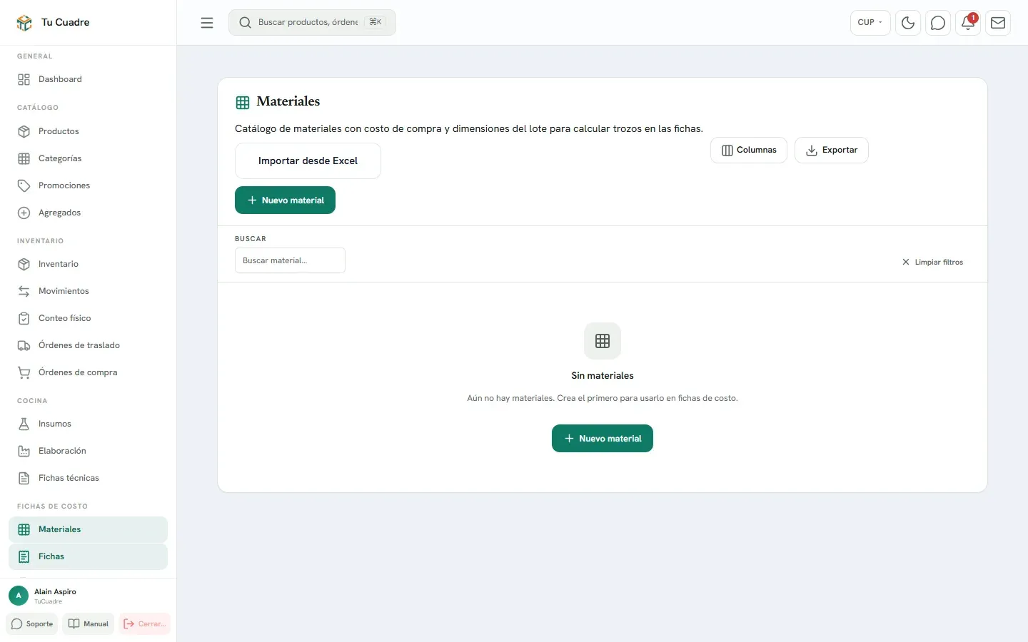 Pantalla del panel para «Materiales»