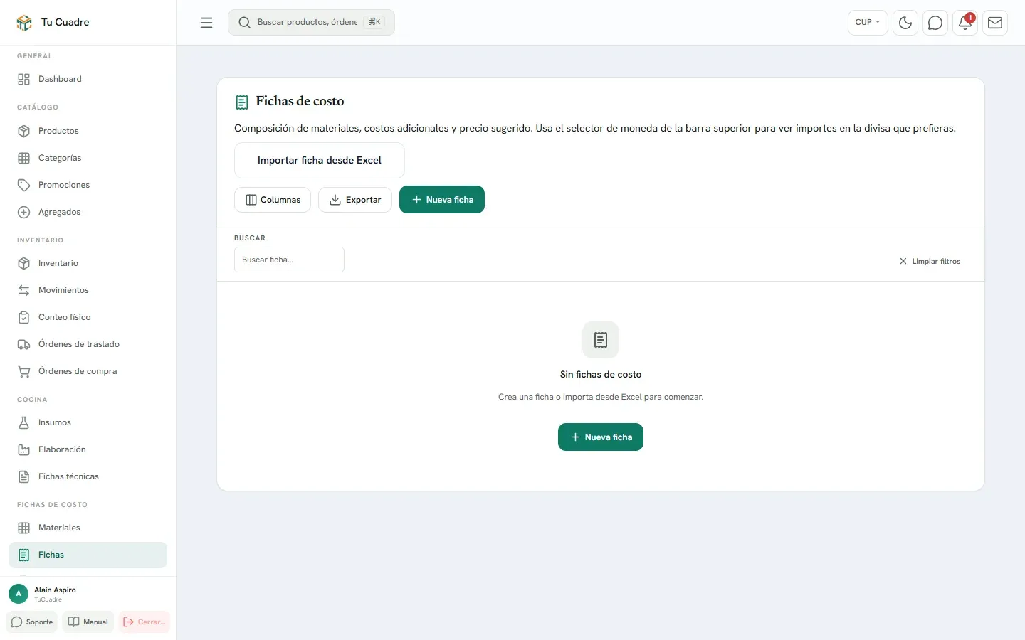 Pantalla del panel para «Crear una ficha de costo»