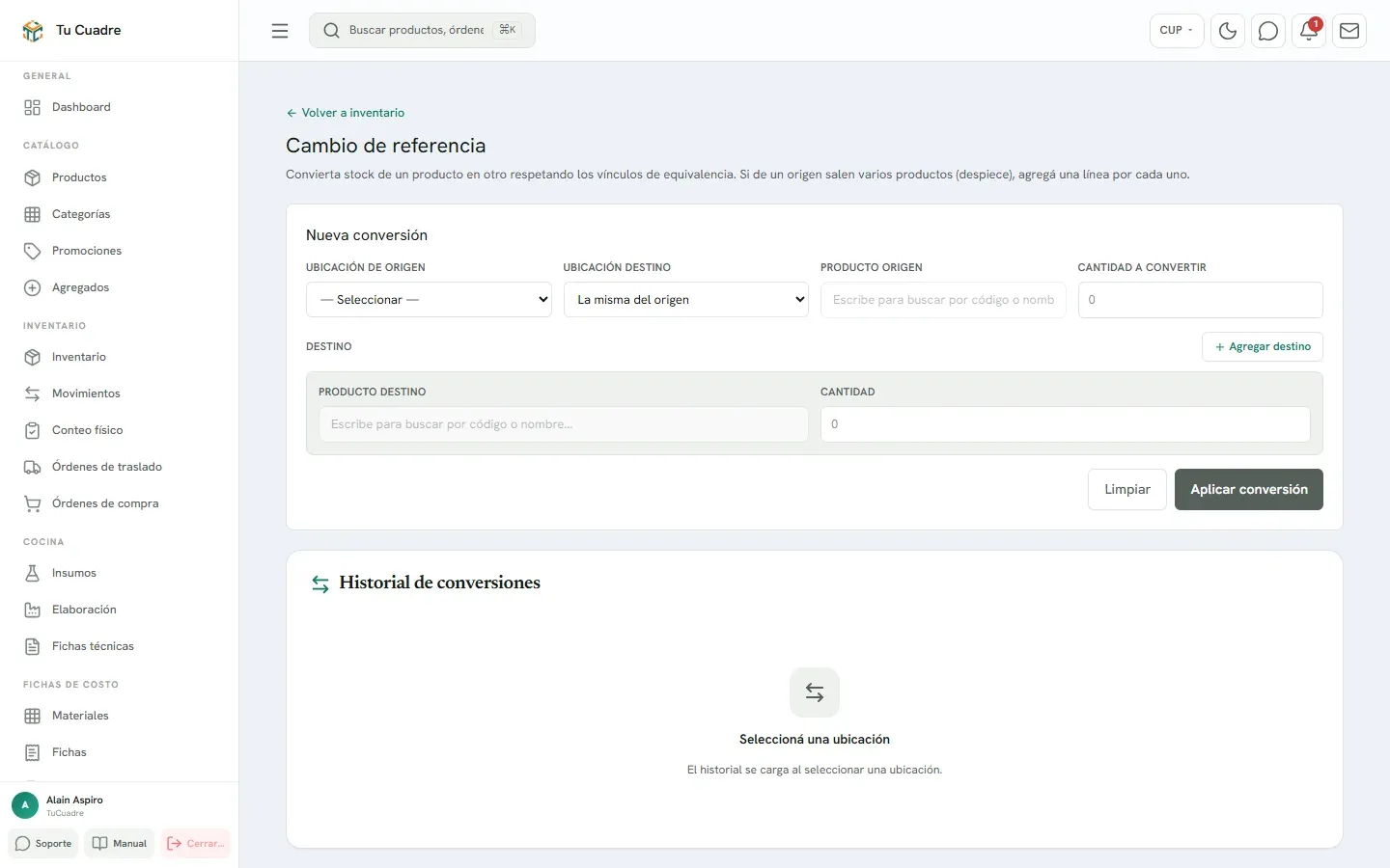 Pantalla del panel para «Cambio de referencia»