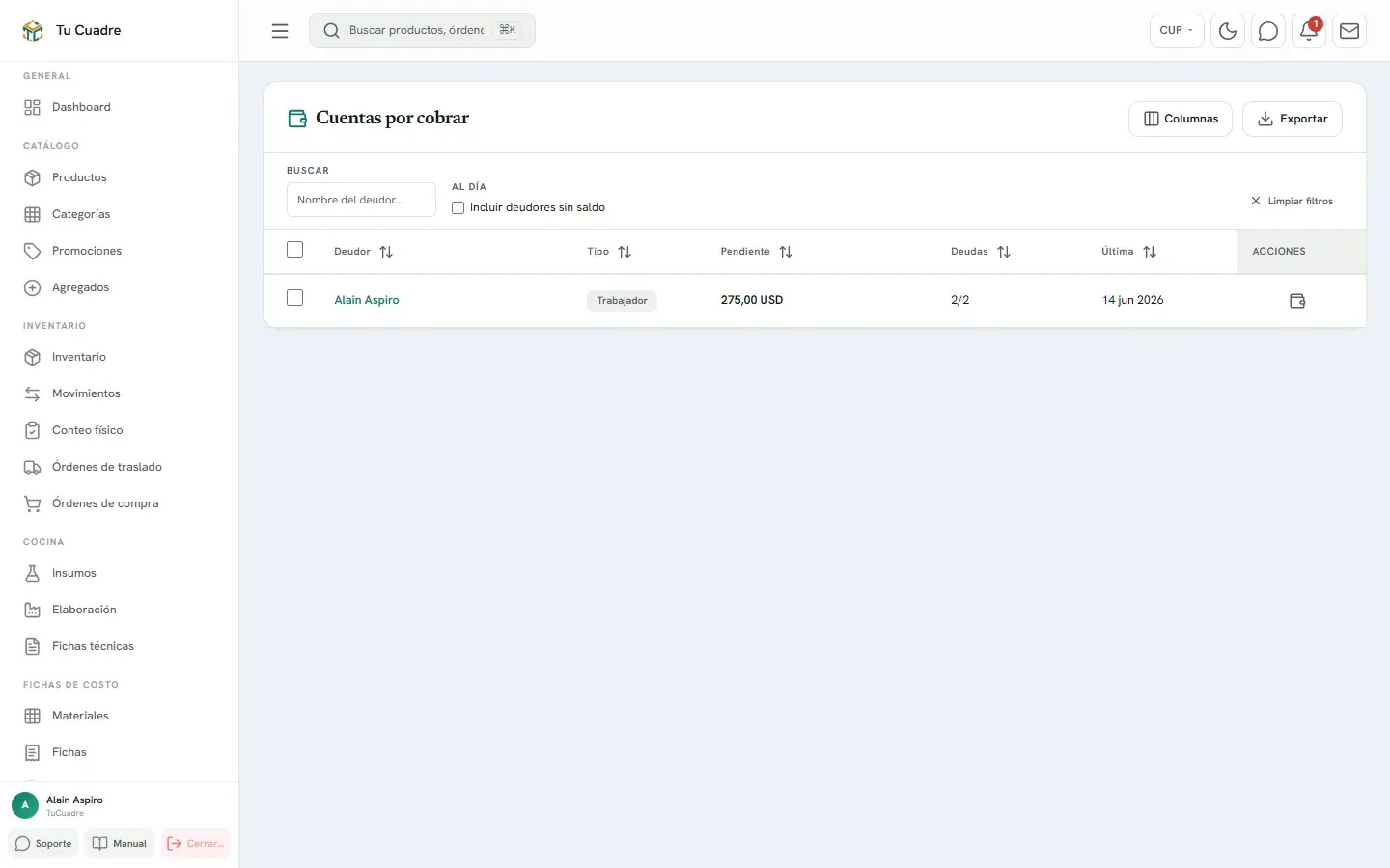 Pantalla del panel para «Cuentas por cobrar»