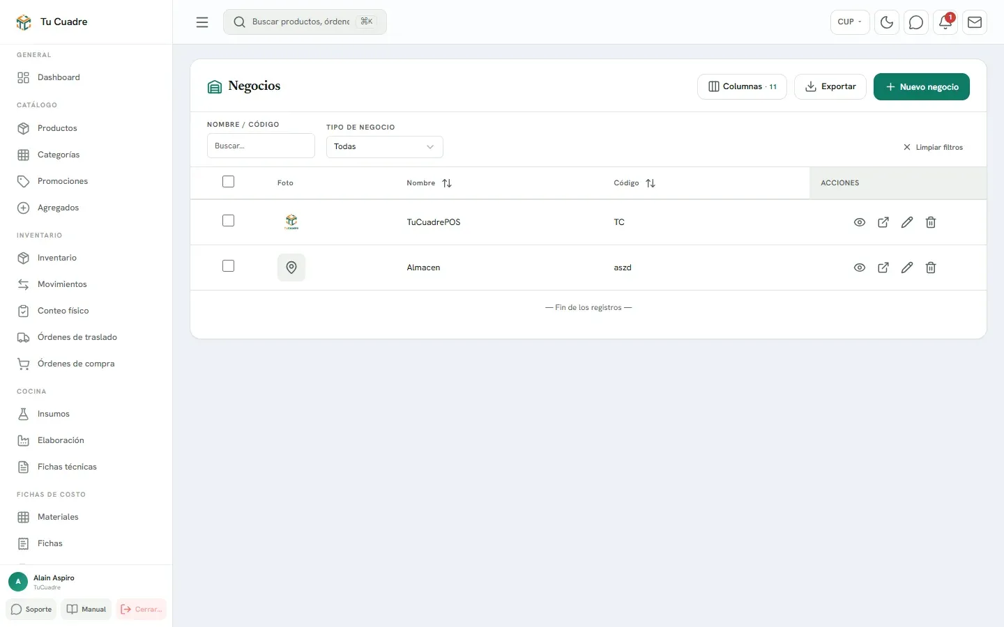 Pantalla del panel para «Crear y editar negocios»
