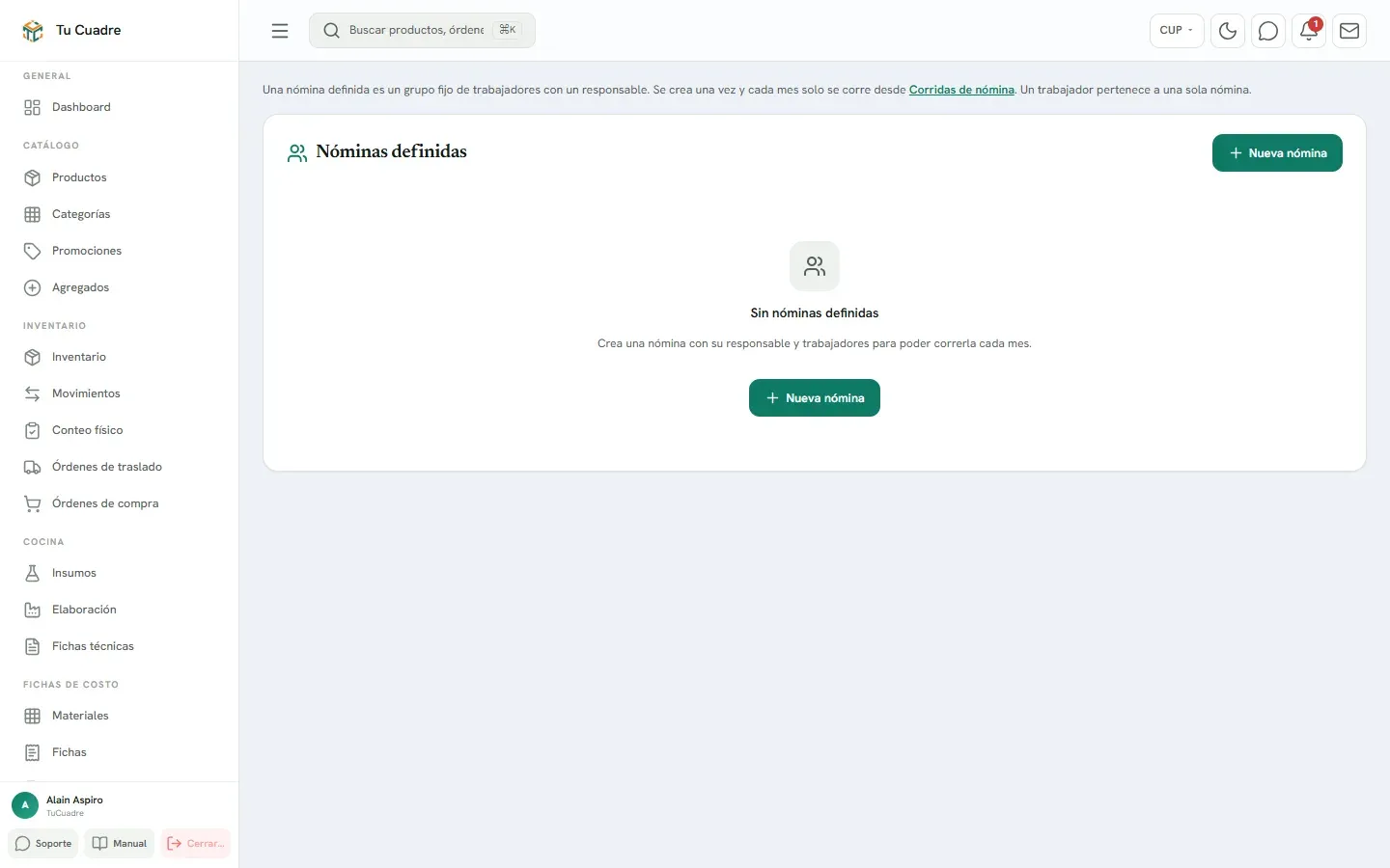 Pantalla del panel para «Nóminas definidas por grupo»