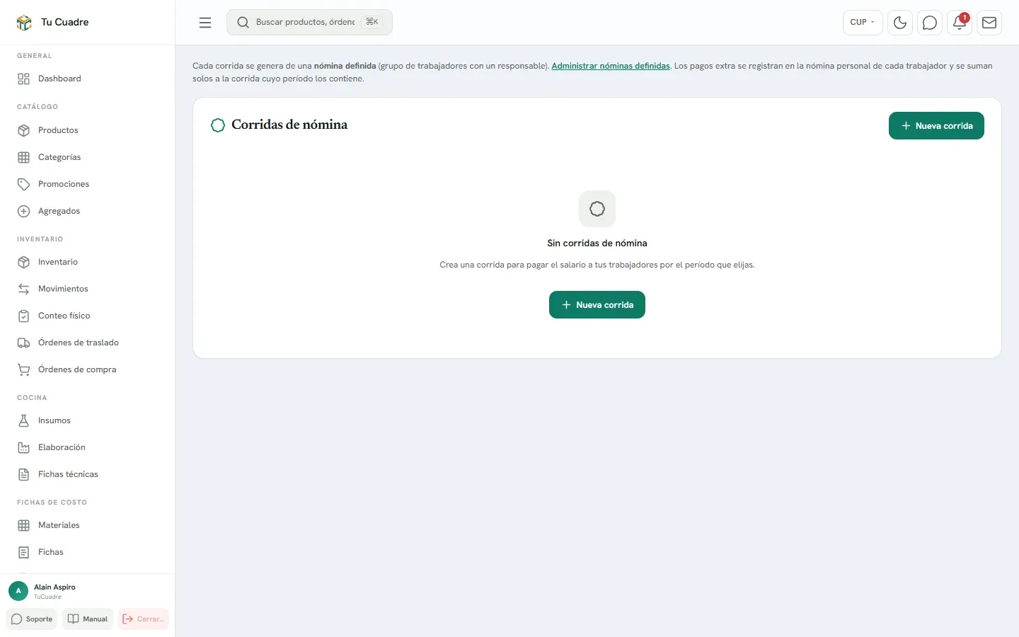 Pantalla del panel para «Calcular y pagar una nómina»