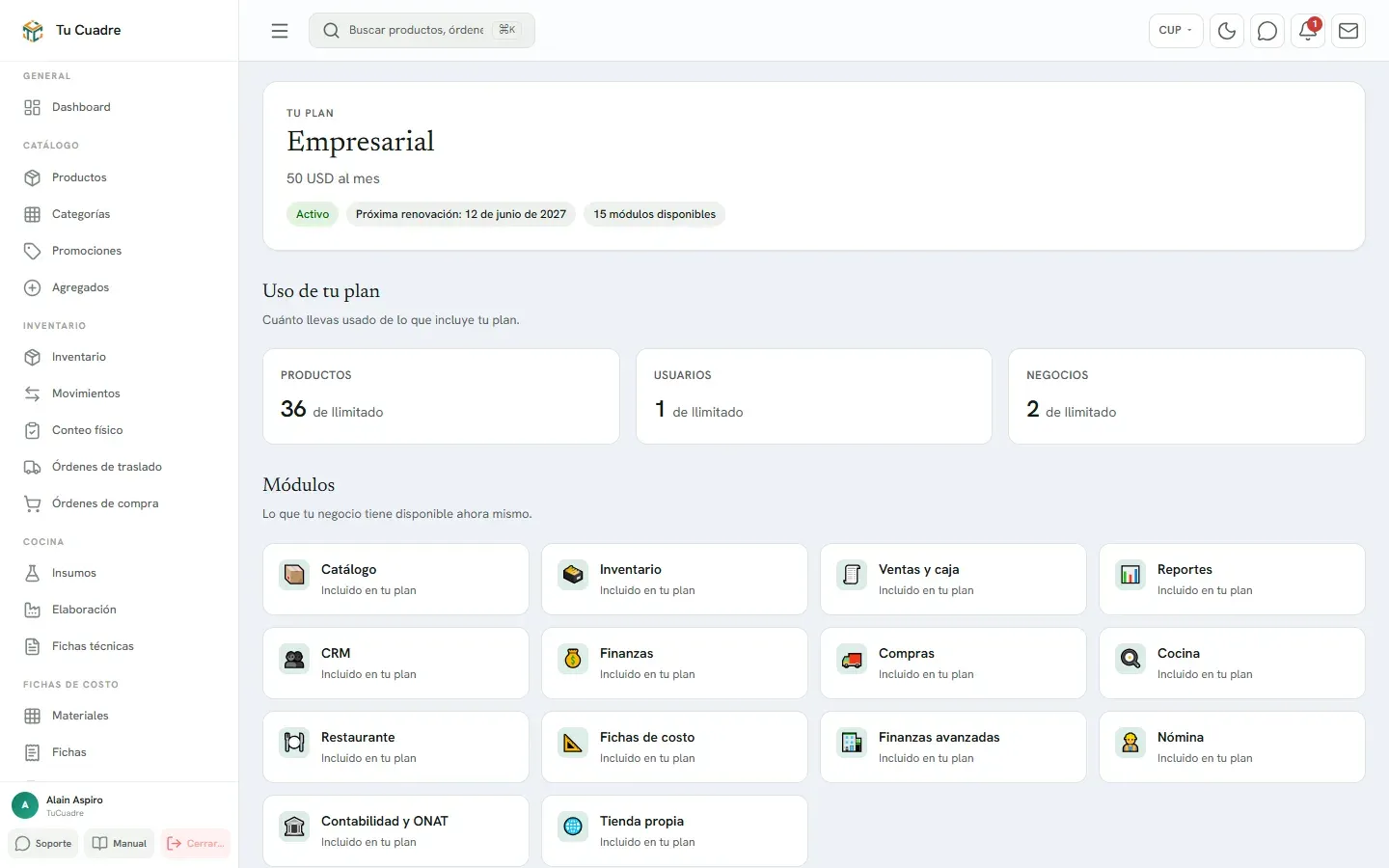 Pantalla del panel para «Planes y qué incluye cada uno»