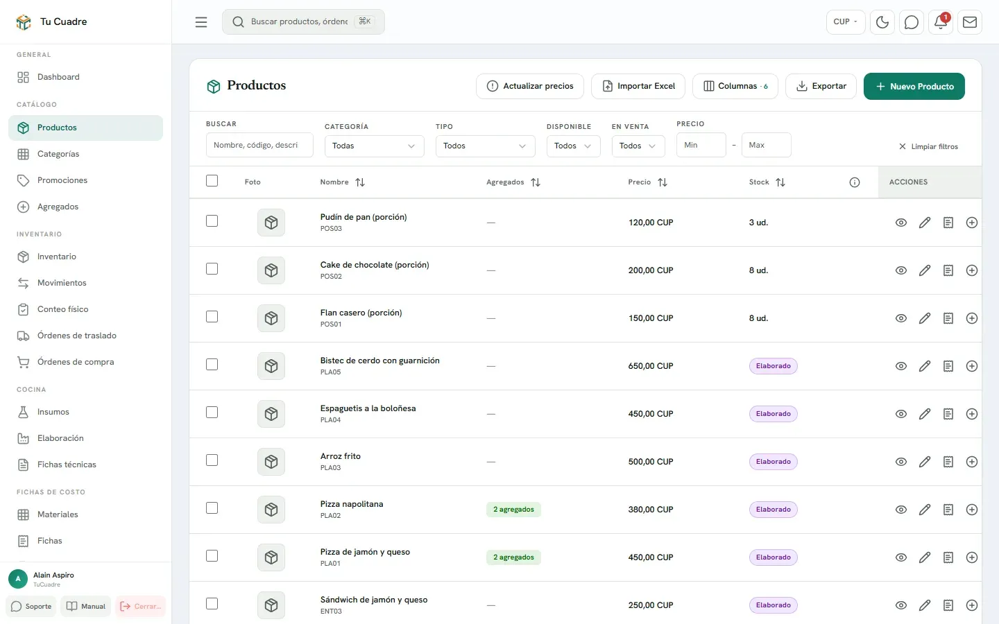 Pantalla del panel para «Crear un producto»