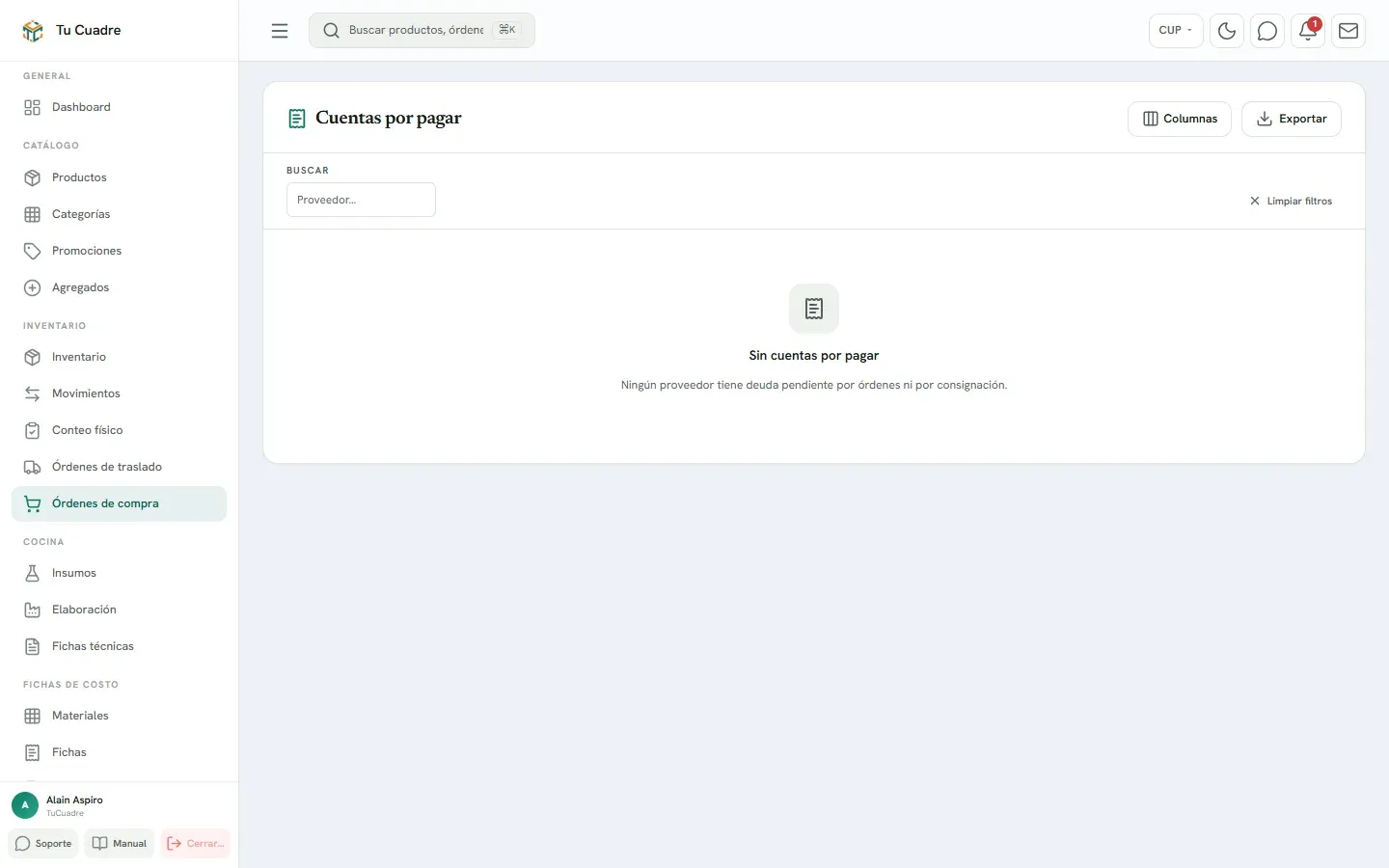 Pantalla del panel para «Cuentas por pagar»