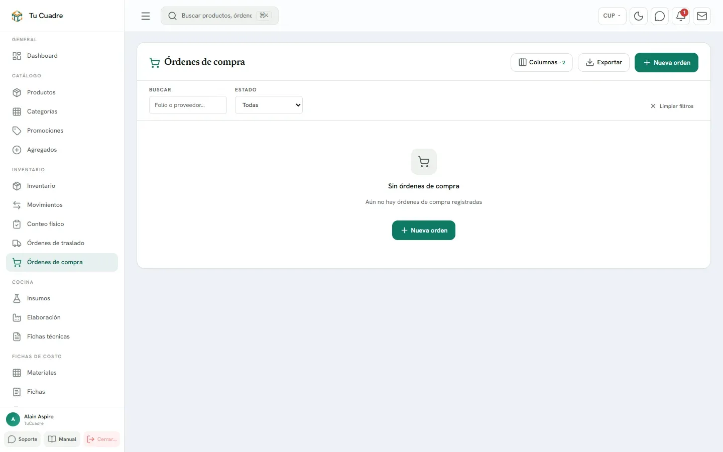 Pantalla del panel para «Órdenes de compra y recepción»