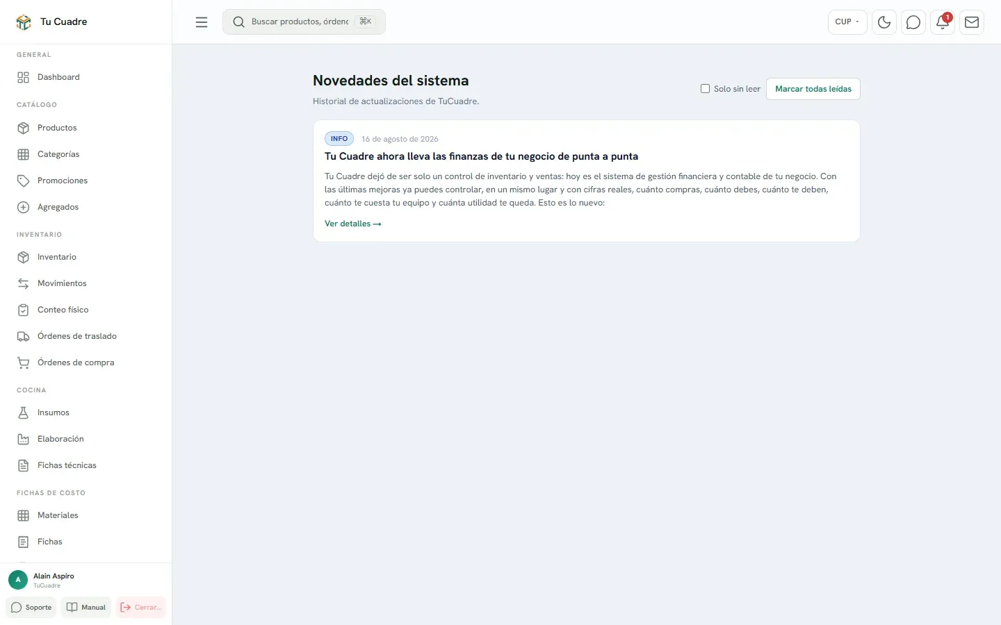Pantalla del panel para «Novedades del sistema»