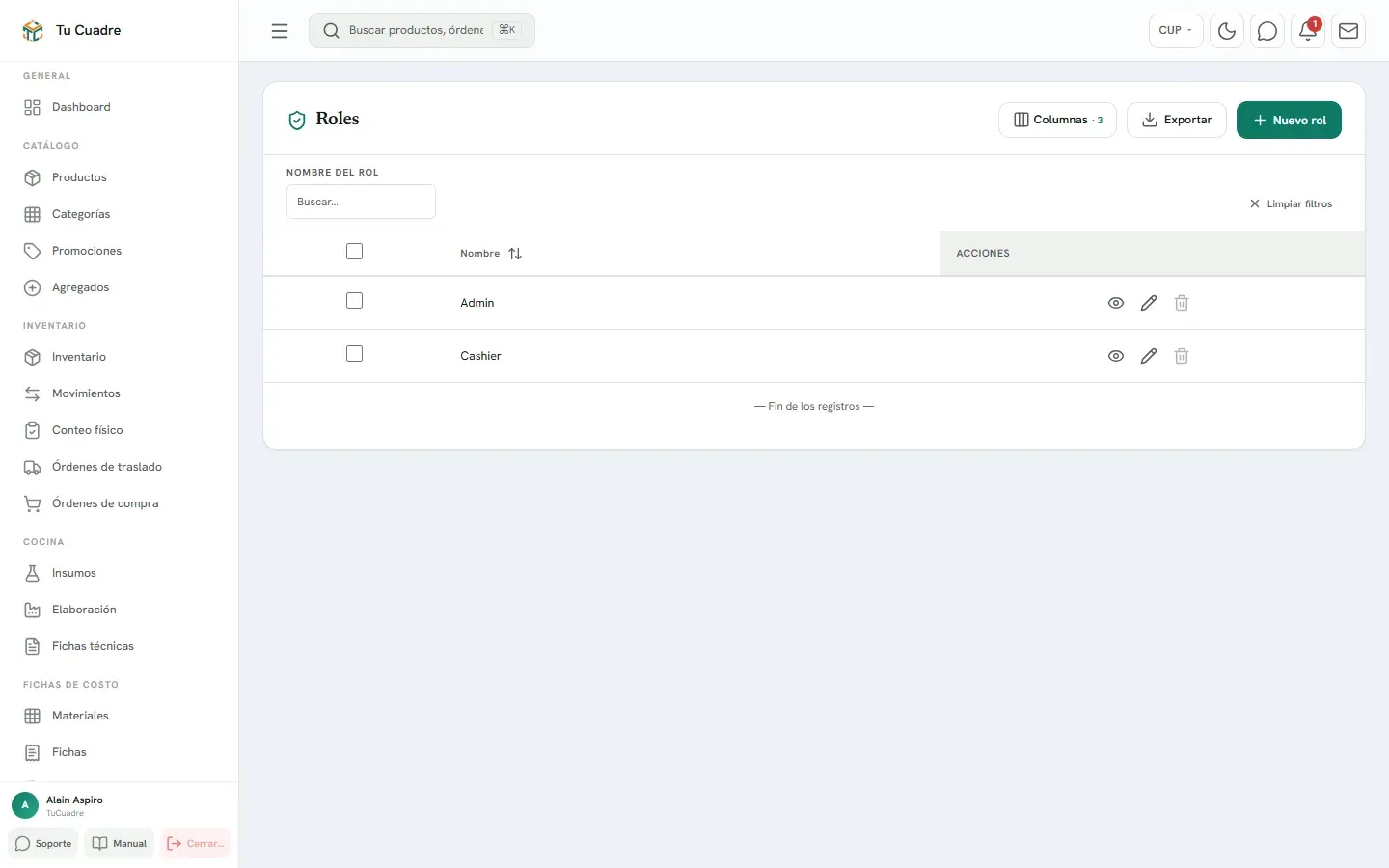 Pantalla del panel para «Roles y permisos»