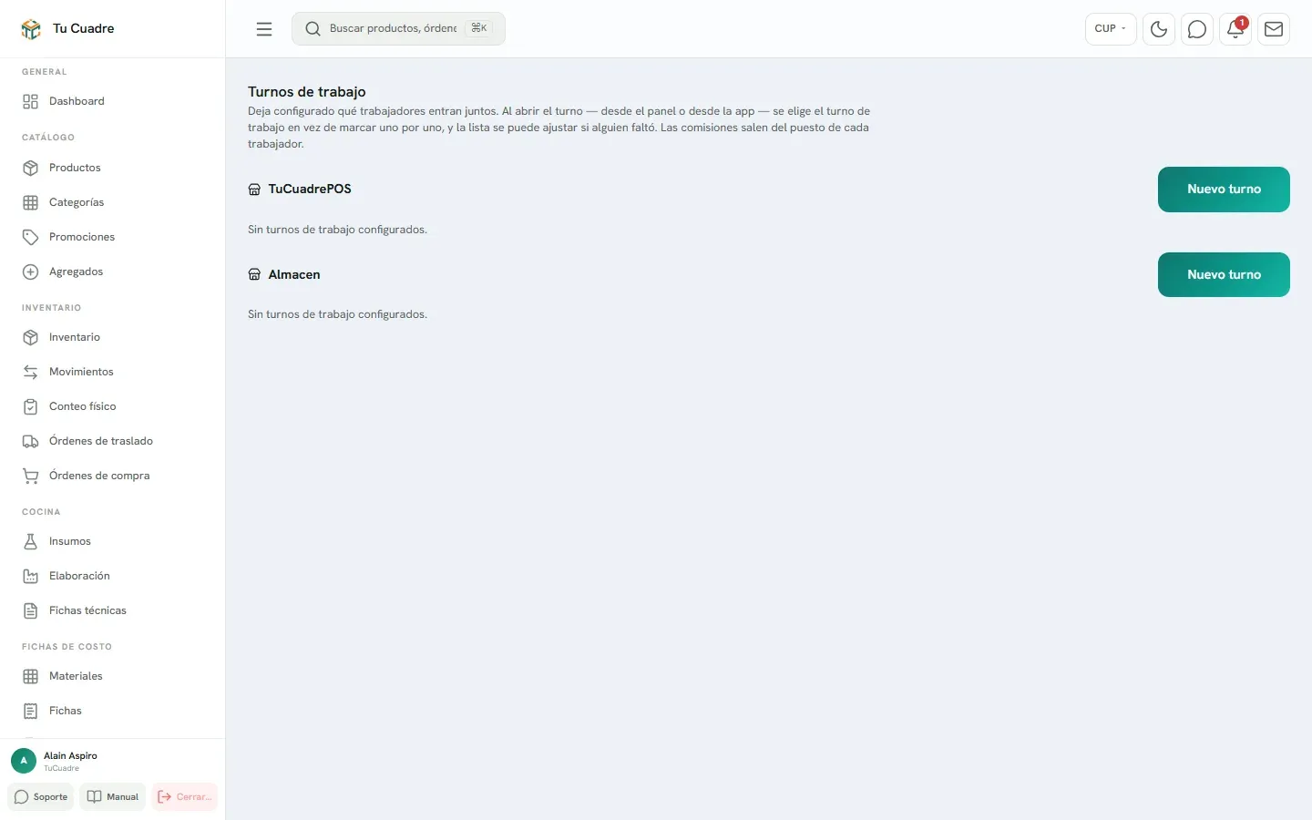 Pantalla del panel para «Turnos de trabajo y comisión por venta»
