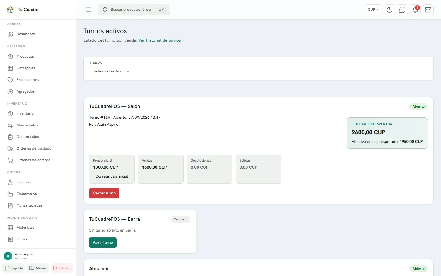 Pantalla del panel para «Turnos activos»