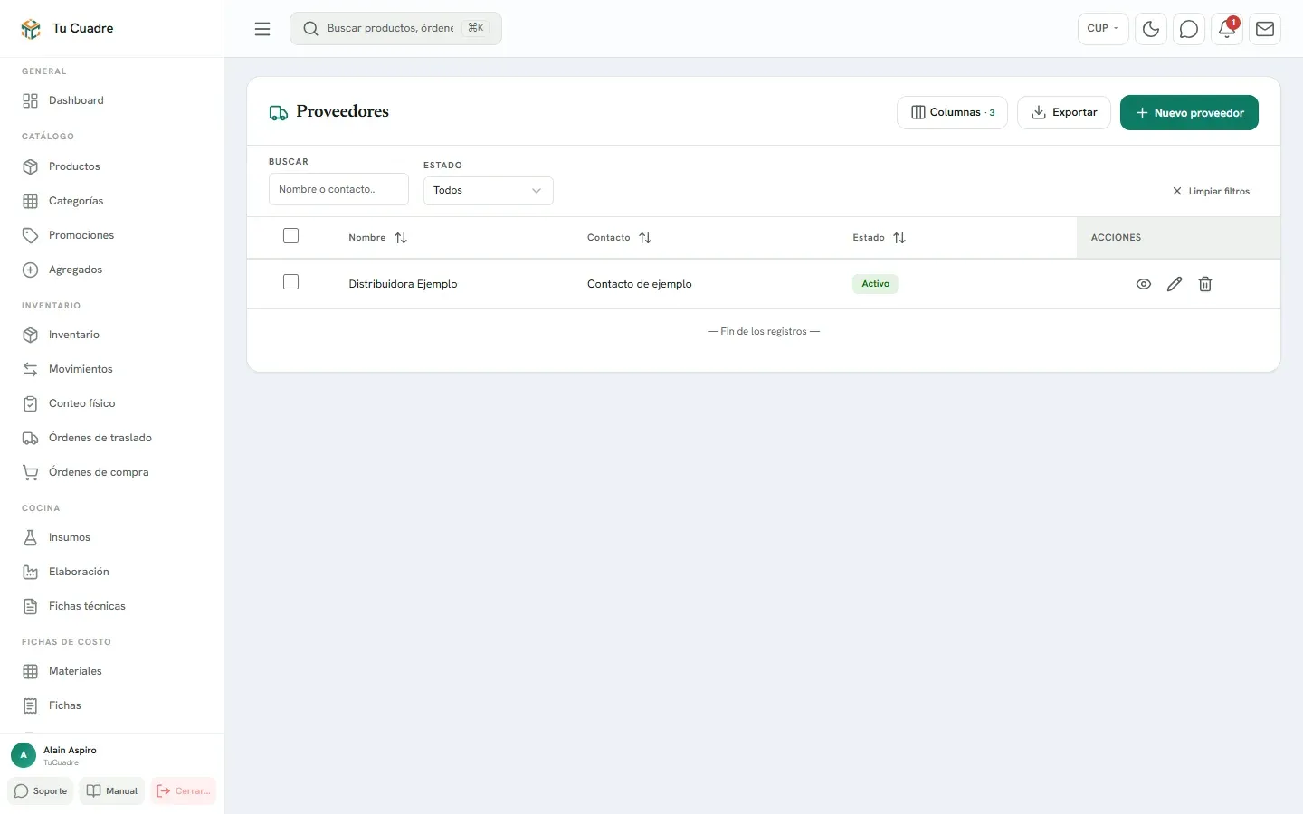 Pantalla del panel para «Proveedores y contrapartes»