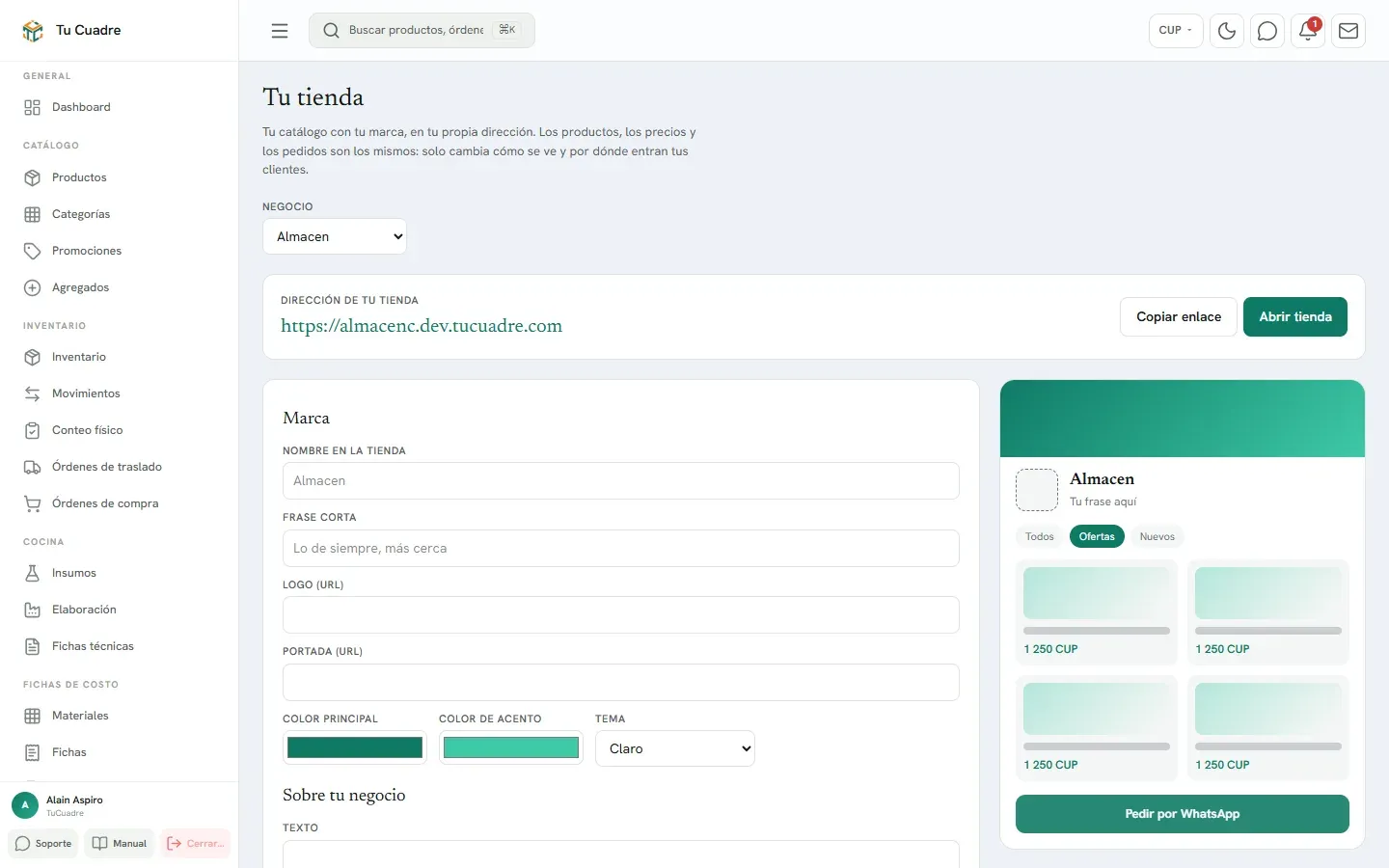 Pantalla del panel para «Publicar tu tienda online»